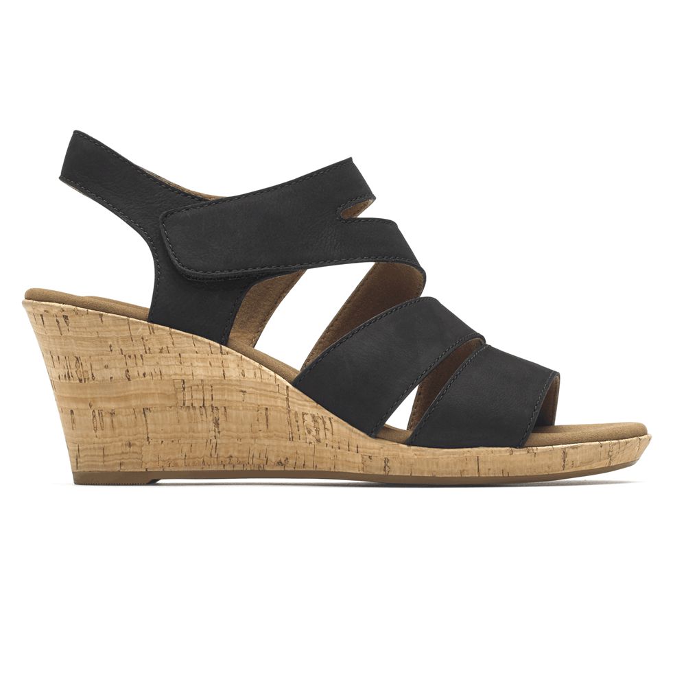 Rockport Briah Strappy Comfort - Womens Wedges Sandals - Black - NZ (NET-432986)